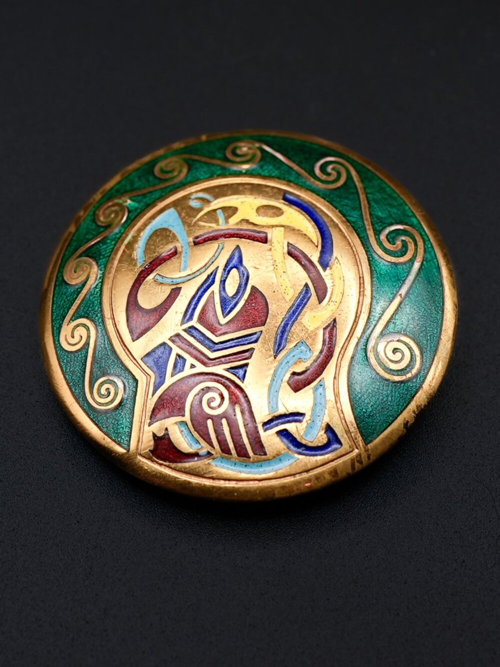 VTG Celtic Cloisonne Enamel Brooch Gold Tone Pendant Book of Kells Sheild